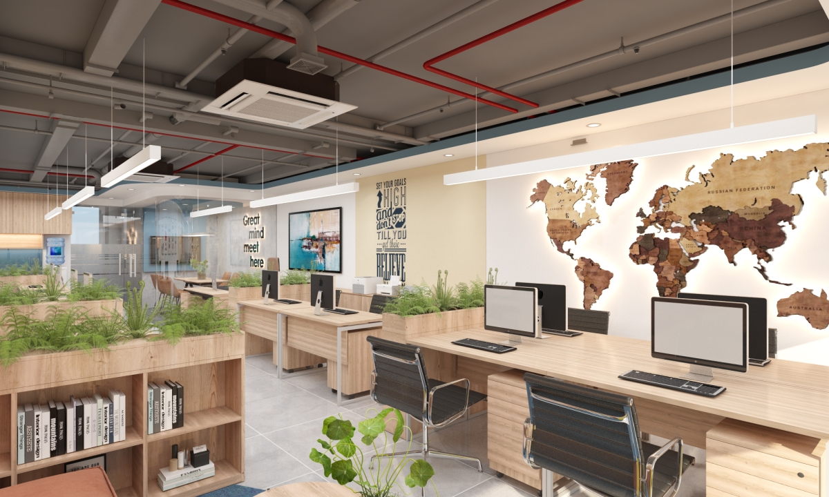 Thiết kế nội thất văn phòng 100m2 hiện đại với khu làm việc và phòng họp kính